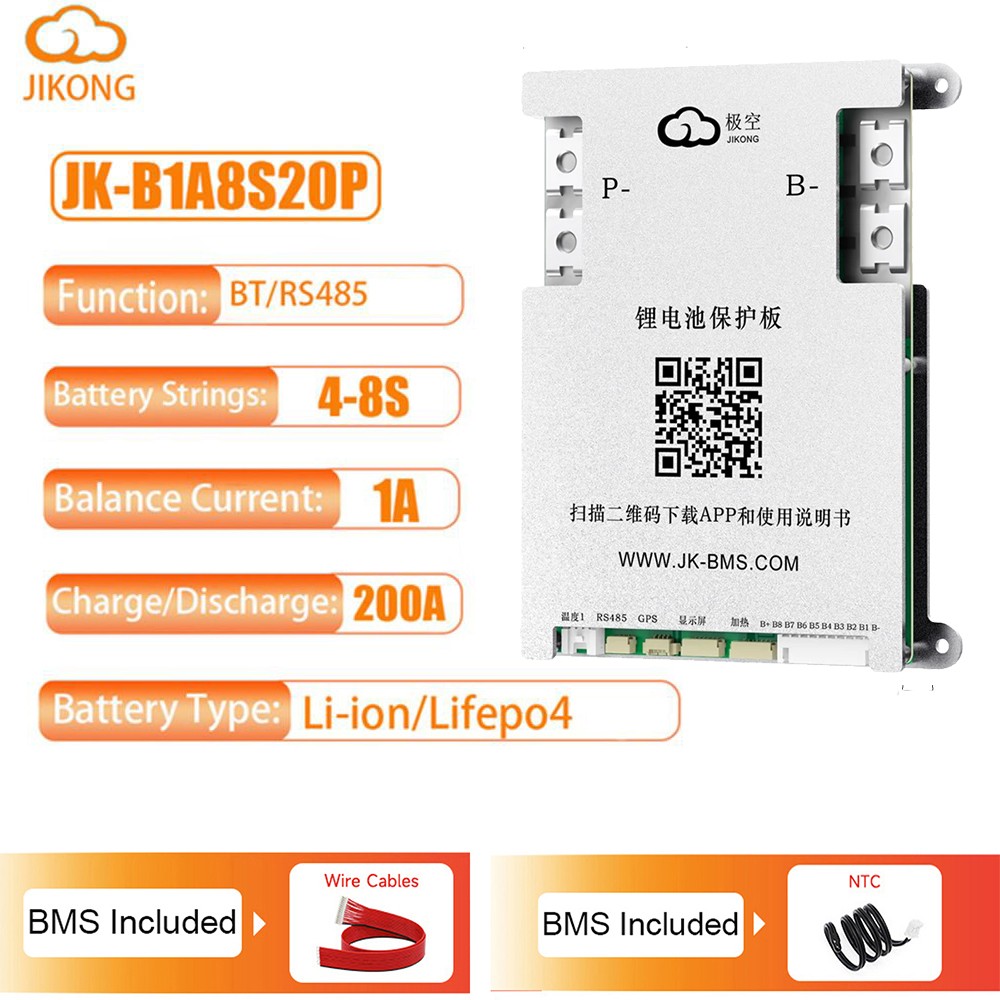 JK BMS 4S-8S 12V-24V 200A Li-ion LiFePo4 BMS with 1A Active Balance BT/RS485 lot