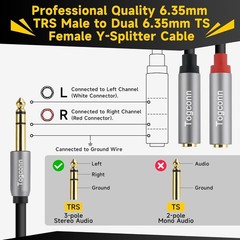 2-Pack 1/4 inch TRS Stereo Splitter Y Adapter, 6.35mm Stereo Male to Dual 6.35 m