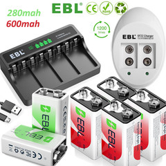 EBL 9V Li-Ion Rechargeable Batteries 9 Volt 6F22 / 4 Slot Battery Charger Lot