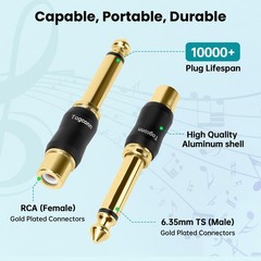 Togconn RCA to 1/4 Inch Adapter 2 2 Pack, (Female) 6.35mm TS (Male)