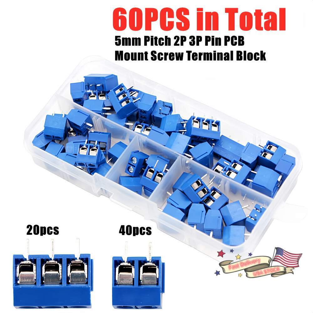 60Pcs 2/3Pin 5mm Pitch Blue KF301-2P/3P PCB Mount Screw Terminal Block Connector