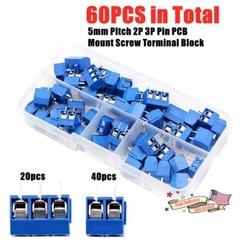60Pcs 2/3Pin 5mm Pitch Blue KF301-2P/3P PCB Mount Screw Terminal Block Connector