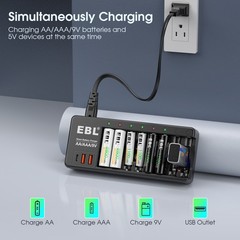 EBL AA AAA 9V NiMH NiCD and 9V Li-ion Battery Charger ,AA,AAA Battery , 2 USB-A