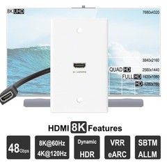 8K HDMI Wall Plate 1 Port 2 Pack, White HDMI Wall Plate with 8K HDMI Pigtail …