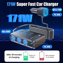 9-in-1 3 Way Car Cigarette Lighter Socket Splitter Fast Charger Power Adapter