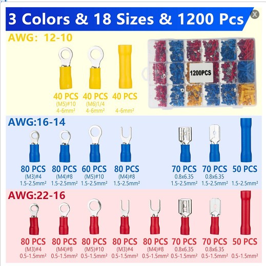1200pcs Assorted Insulated Electrical Wire Terminals Crimp Connectors Spade Kit