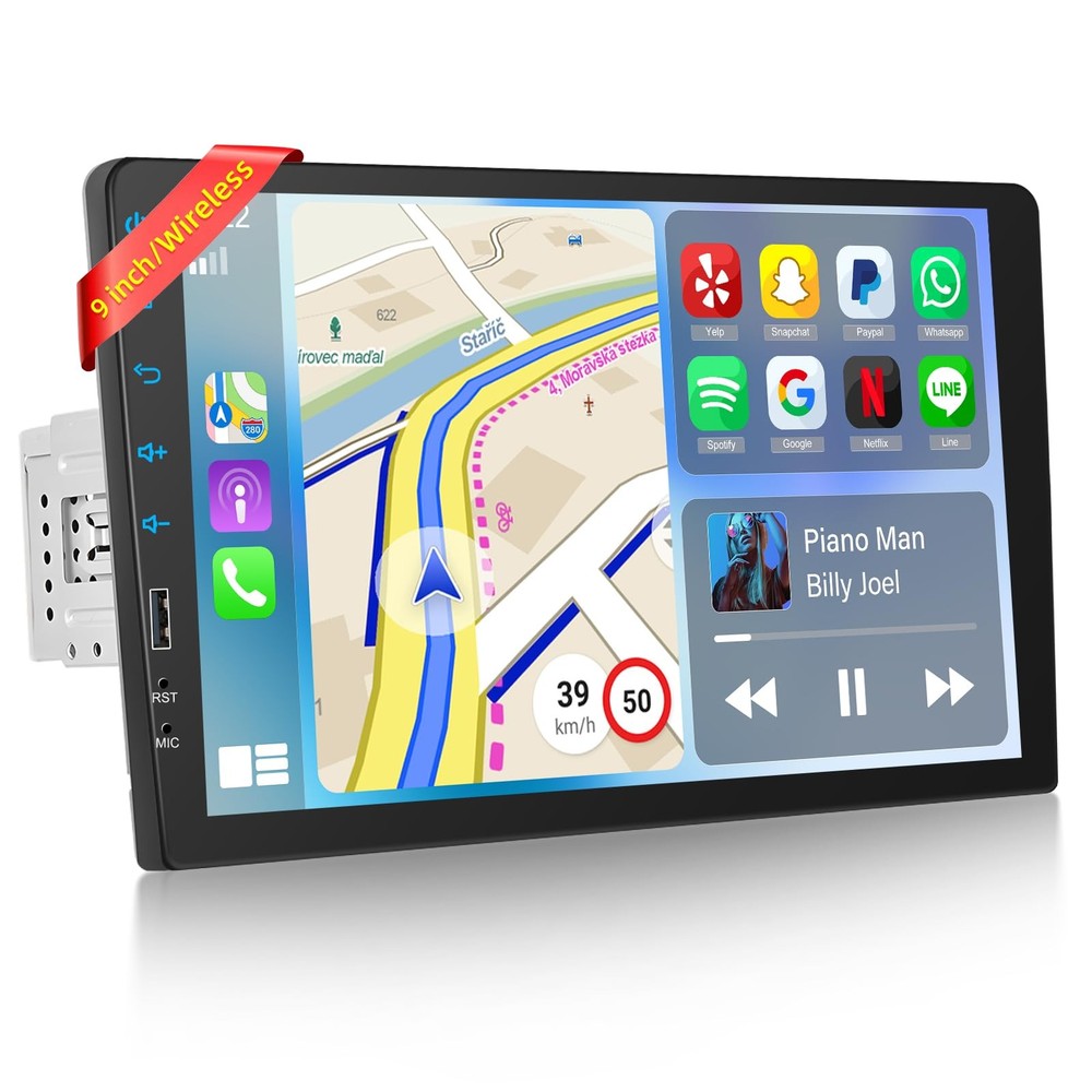 EKAT 9 in Wireless CarPlay 1 Din Car Stereo Touch Screen Android Auto Bluetooth