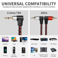 90 Degree Right Angle 3.5Mm to 2 RCA Cable 6FT,2RCA Male to 3.5Mm TRS Male Stere