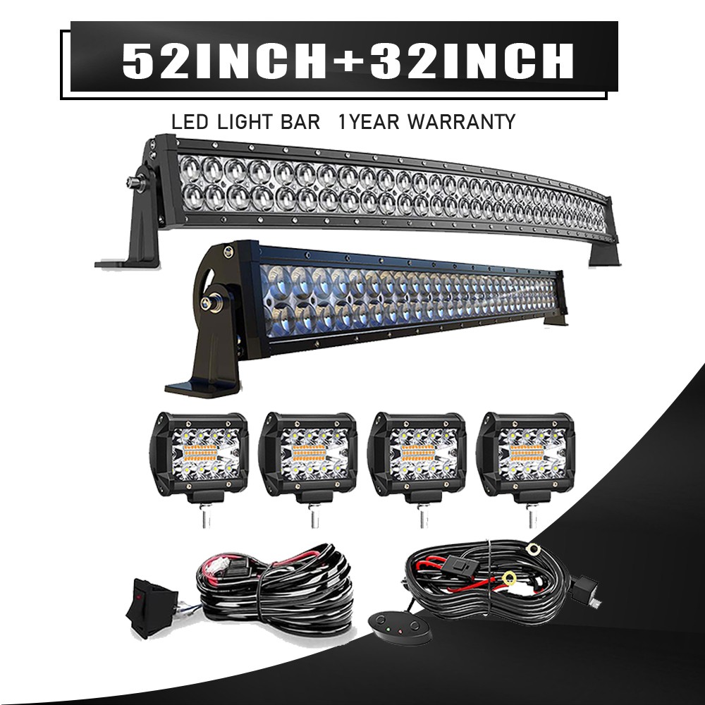 5D 52″ Curved 300W LED Light Bar with 32″ Straight 180W Bar & 4X 4″ Pods Kit
