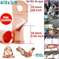 1-10pcs Copper Ends Crimp Lugs 4/0AWG Cable Connector 3/8″ Ring Battery Terminal