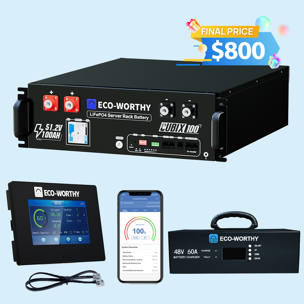 ECO-WORTHY 48V 100AH Lithium Battery UL9540A+ 48V 60A Charger+Battery Monitor
