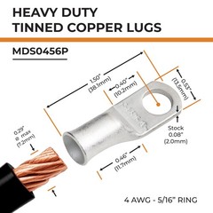 25pcs 4 AWG 5/16″ Stud Marine Grade Tinned Copper Battery Cable Lugs, 4 Guage…