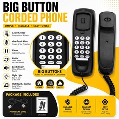 Black Wired Corded Landline Phone Desk Wall Mount Telephone Home Office Use