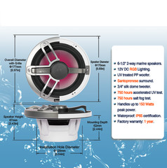 1 Pair 6-1/2″ 2-Way Marine Boat Speakers 12V RGB LED Lighting 150W Audio Systems
