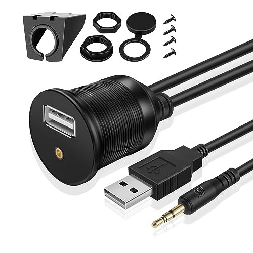 TNP USB AUX Flush Mount Cable, Dashboard Panel Dash Mount USB + 3.5mm AUX 6 ft