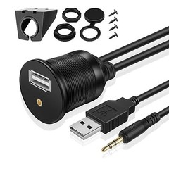 TNP USB AUX Flush Mount Cable, Dashboard Panel Dash Mount USB + 3.5mm AUX 6 ft