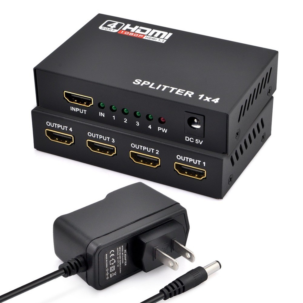4 Port 1 x 4 HDMI Splitter AV HUB 1080P HD Amplifier HDTV Box + Power Supply US