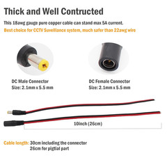 12V 5A DC Power Pigtail Barrel Plug Connector Cable 5 Pairs, 2.1mm x 5.5mm Male