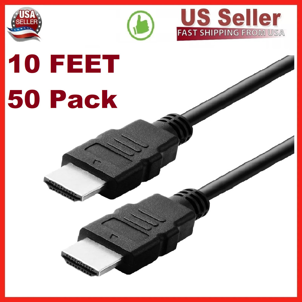 50 Pack New Digital High-Speed 1.4 HDMI Cable PVC 2160p Black Cord (10 feet)