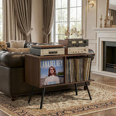 Mid Century Flip Top Record Player Stand – Holds 150+ Albums, Walnut Finish
