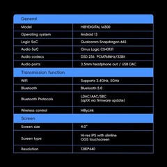 Hiby Digital M300 Android DAP Player Black touchscreen display 128 GB 4GB RAM