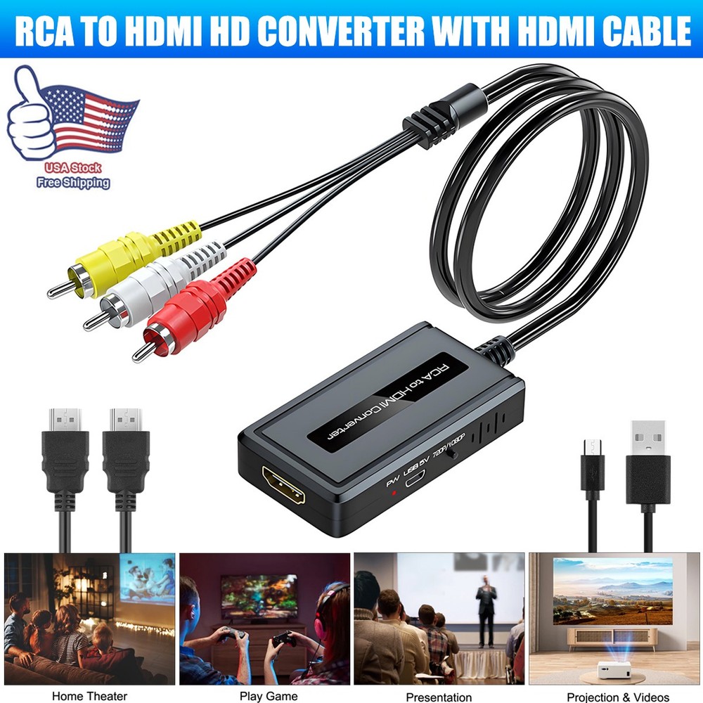 RCA to HDMI Converter Cable 1080P 720P USB Power for VCR DVD Player TV Monitor _