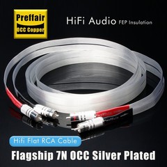 Pair OCC Silver Plated Flat Cable Audio Signal Interconnect Wire Hi-end RCA Plug