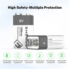 4-Count 9 Volt Battery 9V Block Rechargeable Batteries 1300mAh F smoke detectors