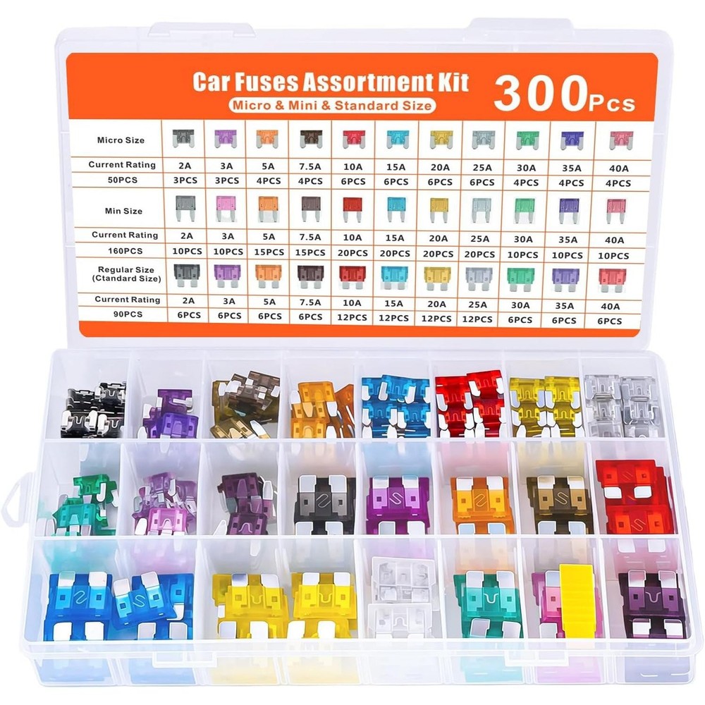 300Pcs Car Fuses Assortment Kit Micro Mini Standard 2A-40A with Storage Box