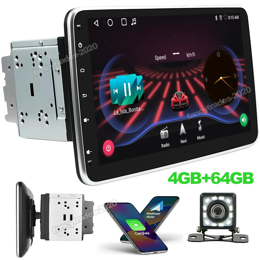 Double 2DIN Rotatable 10.1” Android 15 4+64GB Car Stereo Radio GPS Touch Screen