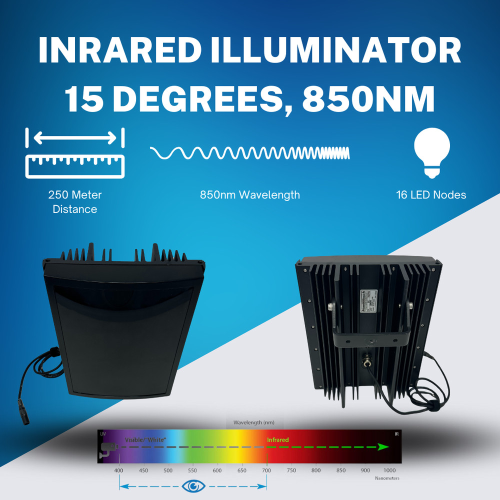 IR Illuminator. 850 nanometers (nm), 15 Degrees, Mounting Bracket, Power Supply