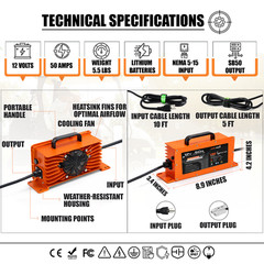 LithiumLogic™ 12V 50A LiFePO4 Charger with SB50 Anderson Plug & Accessory Wires