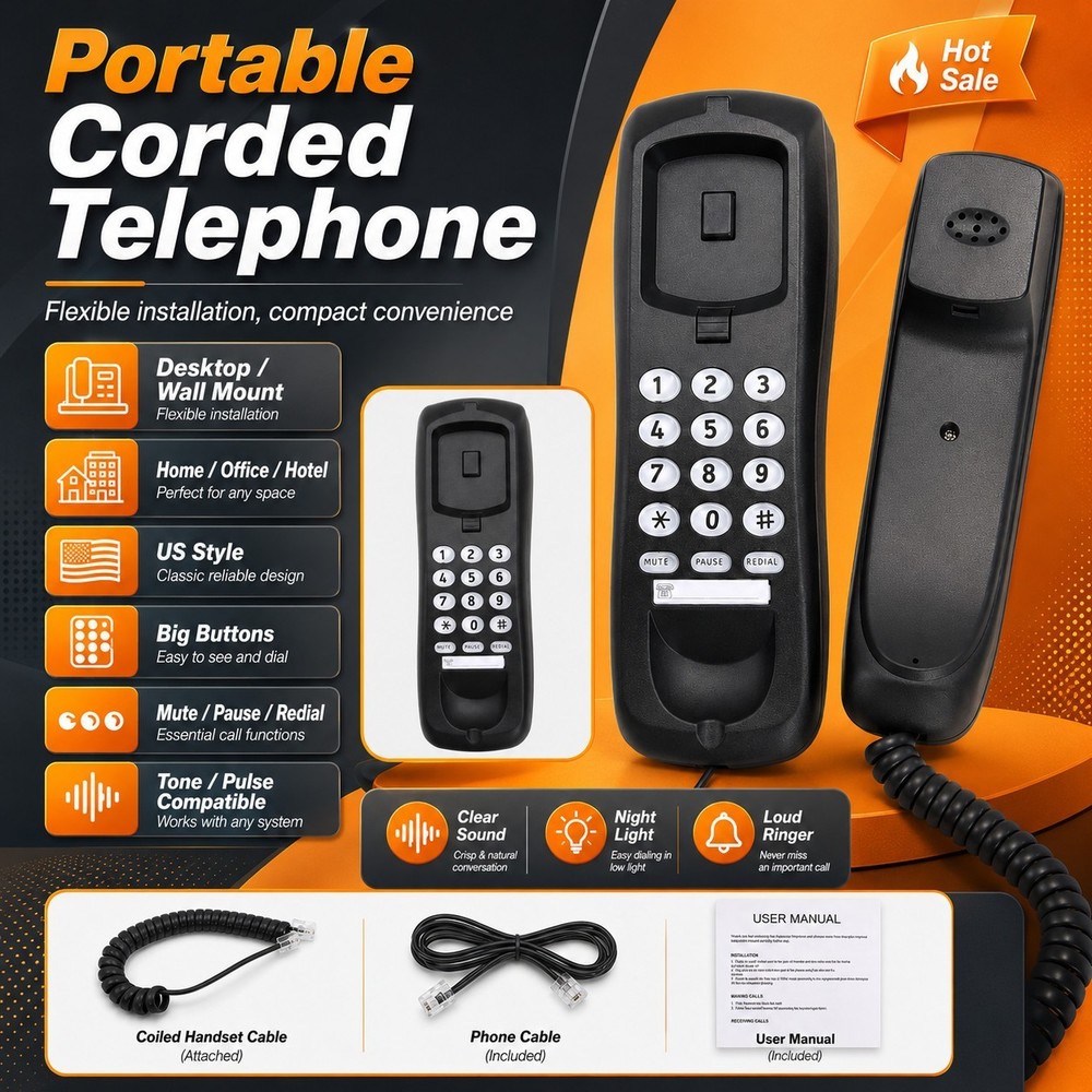 Black Corded Home Office Landline Telephone Desk Wall Mountable Phone Wired