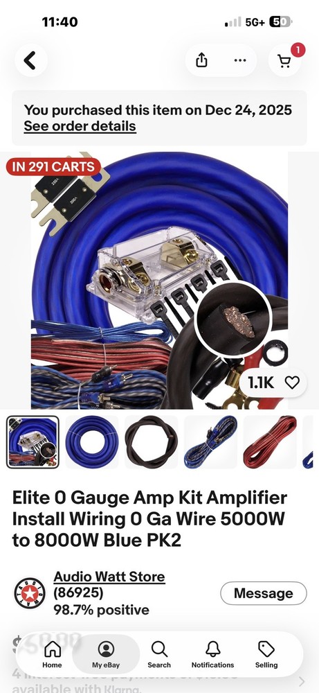 Elite 0 Gauge Amp Kit Amplifier Install Wiring 0 Ga Wire 5000W to 8000W Blue PK2