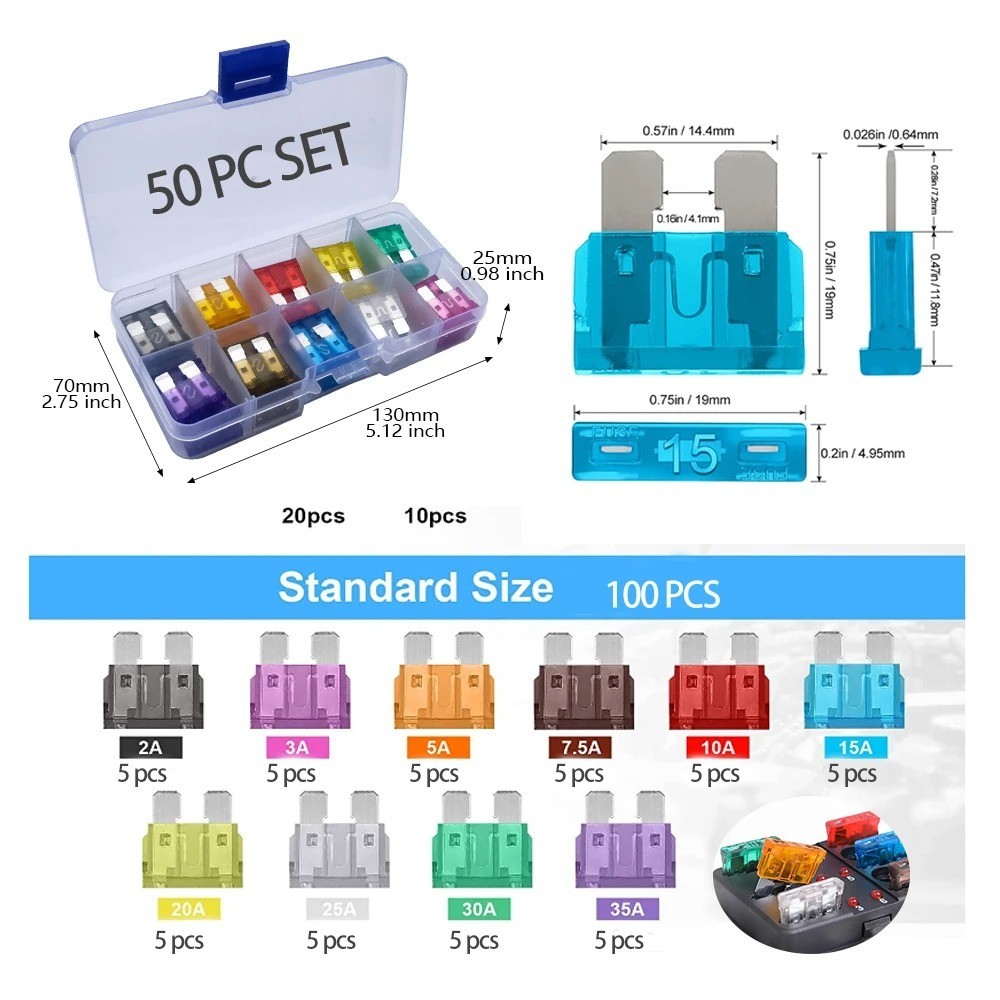 50- 300Pcs Car Fuse Assortment Kit Mini Blade & Standard Automotive Fuses Set