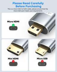 Micro HDMI to HDMI Cable 6FT 4K@60Hz 2K@165Hz Nylon Braided HDR ARC 3D for Pi/PC