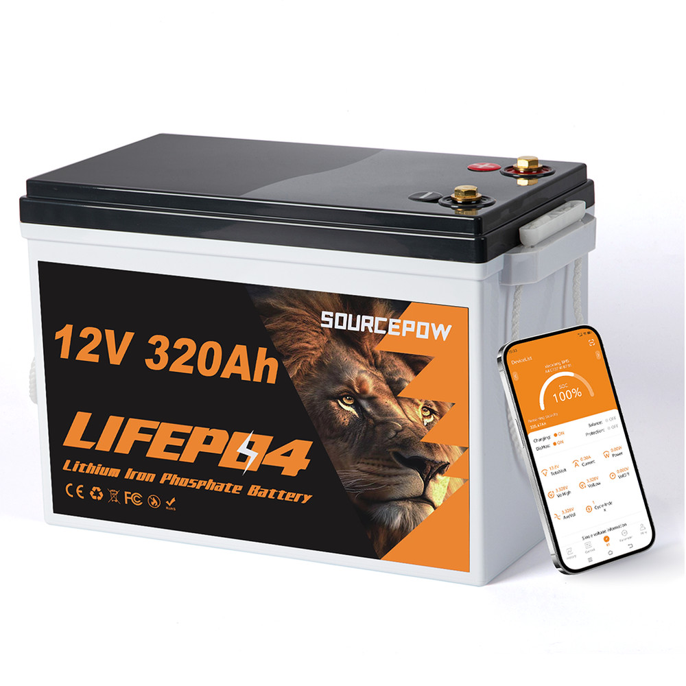 12V 320Ah Lithium LiFePO4 Battery,200A BMS for RV, Trolling Motor, Kayak, Solar