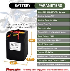 72V 35Ah Lifepo4 Battery for 0-3500W Ele/_ctric Bi /ke Motor Built-in 50A BMS