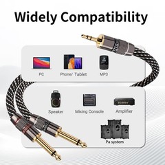 3.5mm TRS to Dual 6.35mm TS Y Splitter Audio Cable, 24K Gold-Plated, Braided Hi-