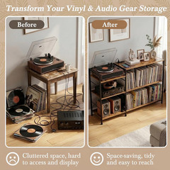 Vinyl Record Player Stand with Storage, Power Outlet, Rustic Brown Finish