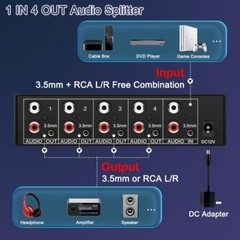 3.5mm Aux + Rca L/r Audio Splitter 1 In 4 Out Stereo Analog Audio Distributor Bo