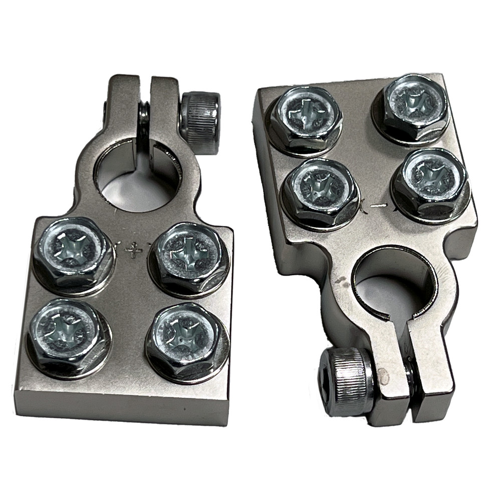 Pair of SAE 4 Spot Flat Battery Terminal Car Audio Top Post 4/0 AWG Lugs + Bolts