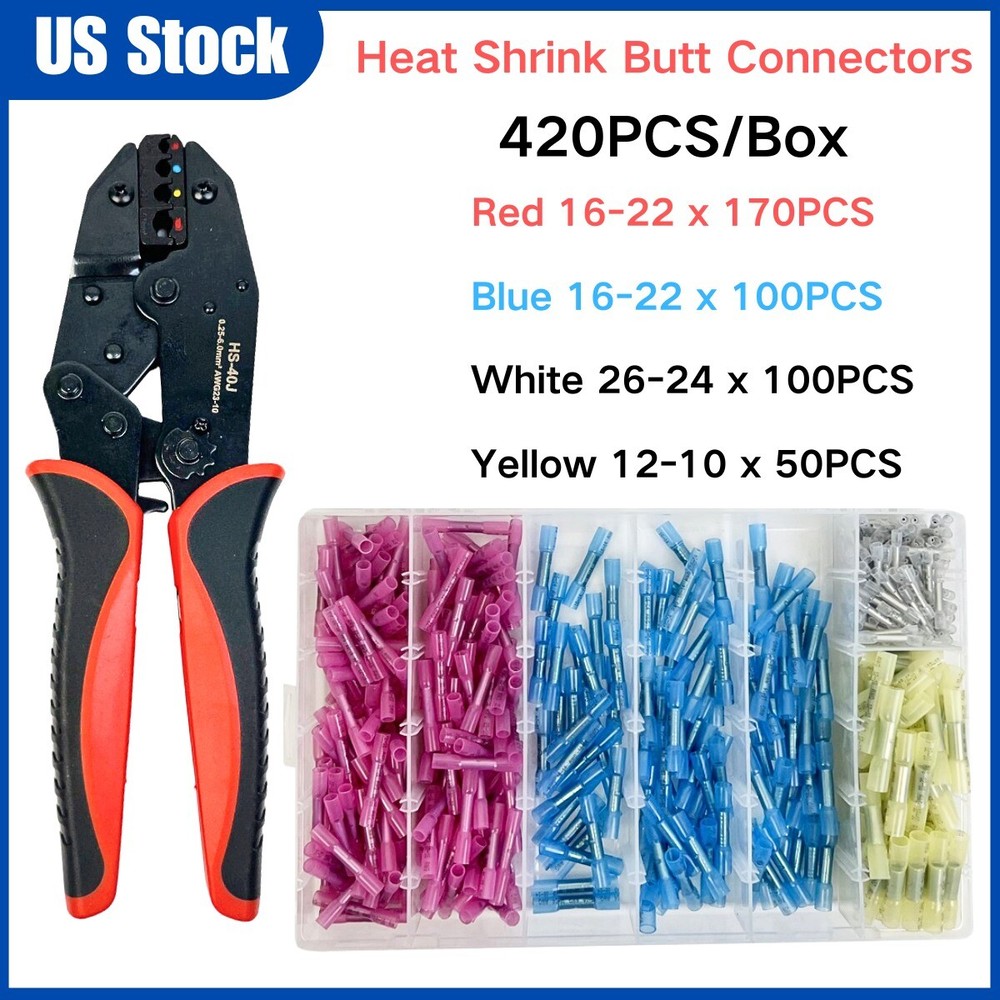 420Pcs Heat Shrink Wire Connectors Waterproof Butt Seal Terminals Crimper Pliers