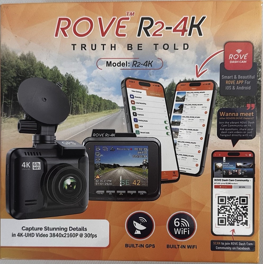 New Open Box ROVE R2-4K 4K WiFi Dash Cam with Built-In GPS, Black