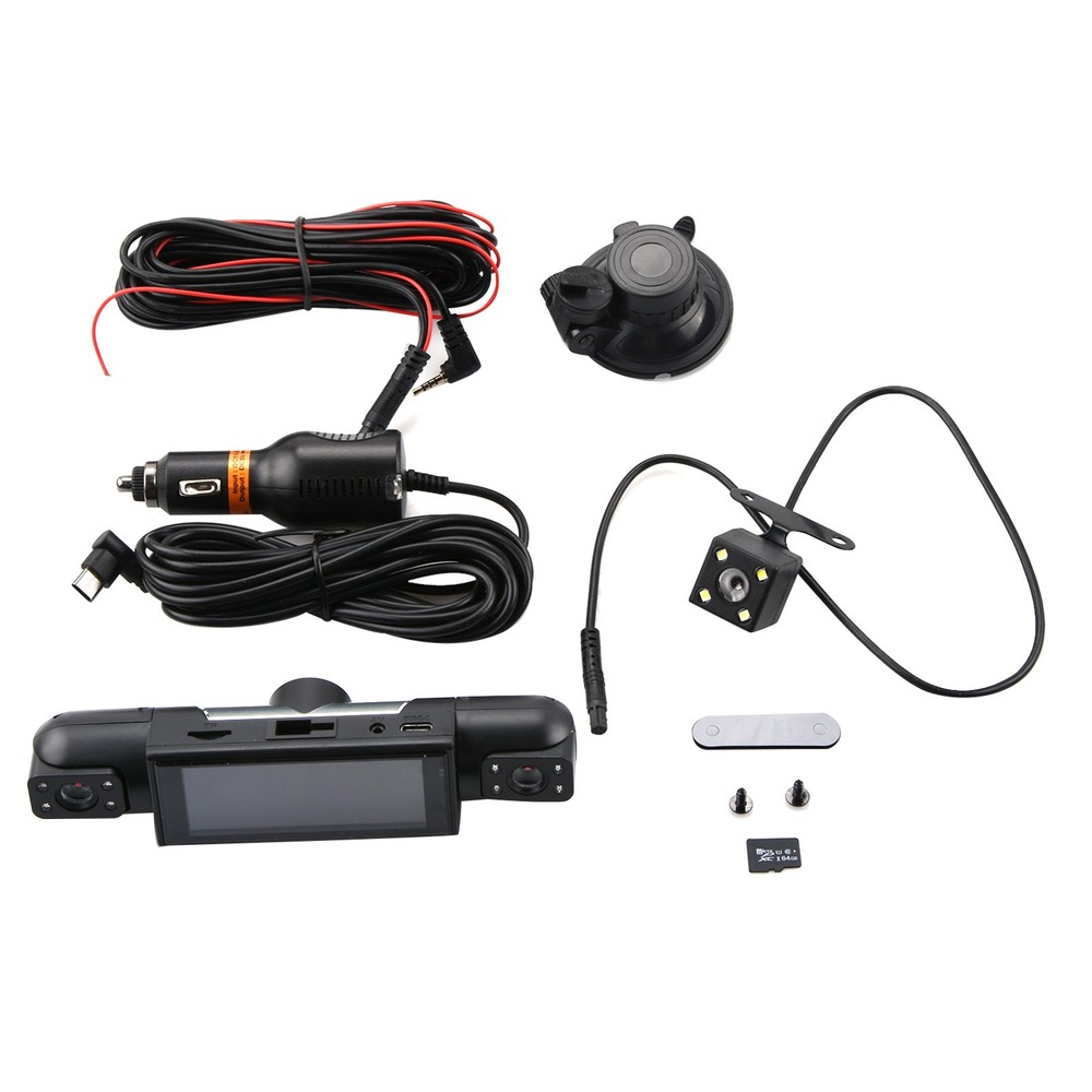 360 Degree 4 Lens 1080P Car Dash Cam Front Rear Inside Side DVR 64GB Memory Card
