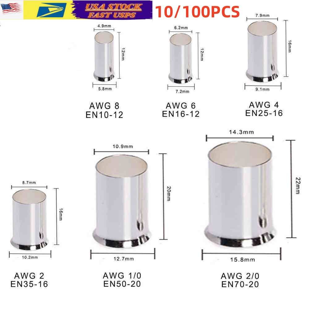 10-100PCS Wire Ferrules Crimp Terminal Connector Kits AWG (8 6 4 2 1/0 2/0) US