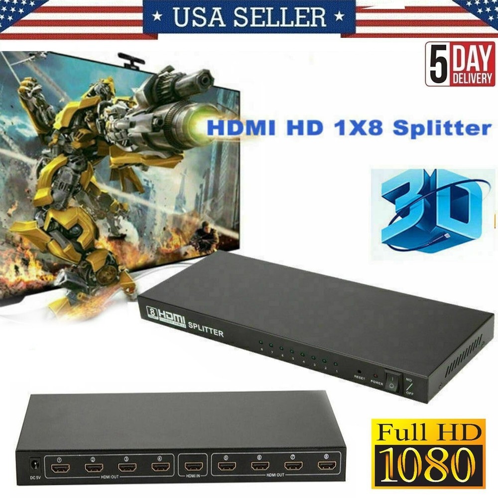 1 In 8 Out HDMI Splitter Switch 8 Port Repeater Amplifier Hub 3D 4K HD 1080P US