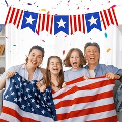 Pre-Strung Patriotic Linen Banner with Red, White & Blue Star Panels, Rustic