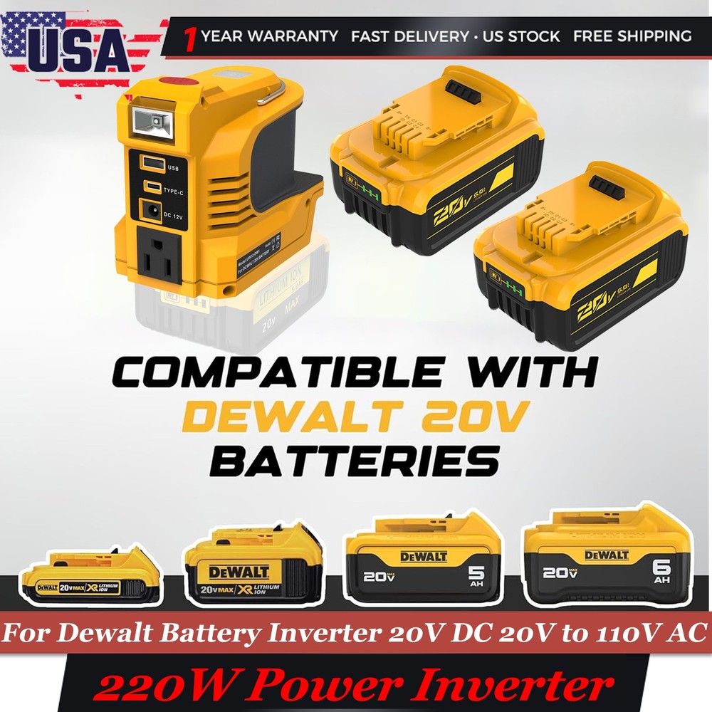 2 Pack 5.0AH Lithium Ion For DeWalt DCB205 20V Max Battery + 220W Power Inverter