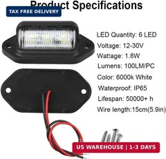 JEDEW 2 PACK License Plate Light, 12V 6-SMD LED License Plate Lamp Taillight for